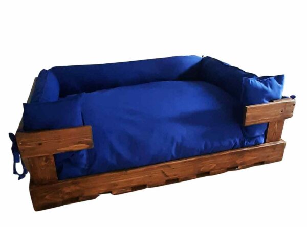 Cama para perrro y gato de madera con cojín azul eléctrico modelo Gabrielle